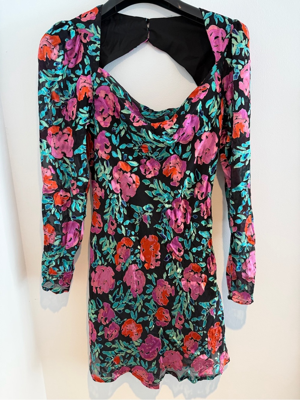 Astr Floral Cowl Neck Mini Dress - Black with Pink, Teal & Red Flowers